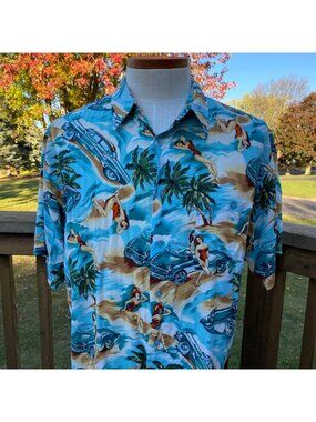 Marc Edwards Men’s Hawaiian Camp Shirt XL Cars Convertible Pin Up Girl Travel